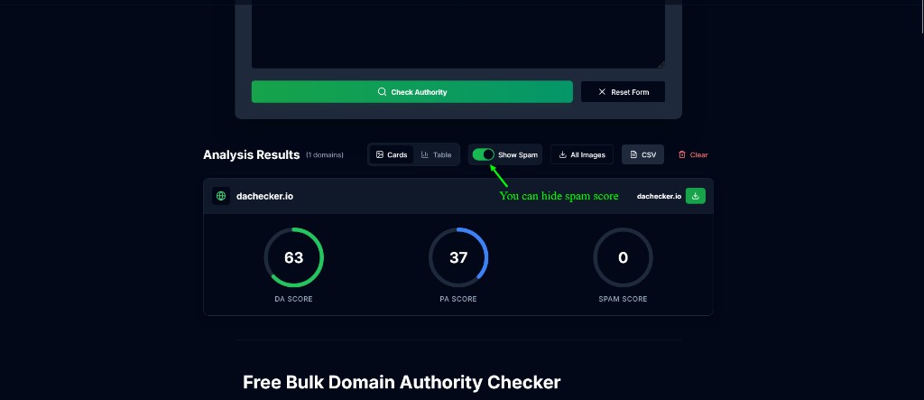 Step 3: View analysis results as cards or table with DA score, PA score and spam score
