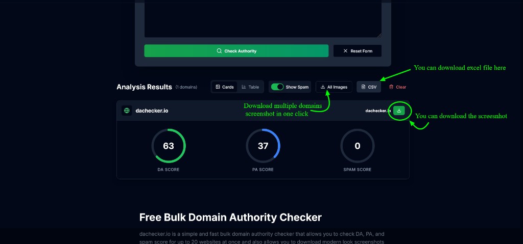 Step 4: Download bulk DA checker screenshots or export CSV from dachecker.io