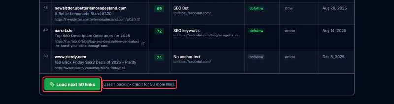 Load the next 50 backlinks in the free backlink checker with one backlink credit